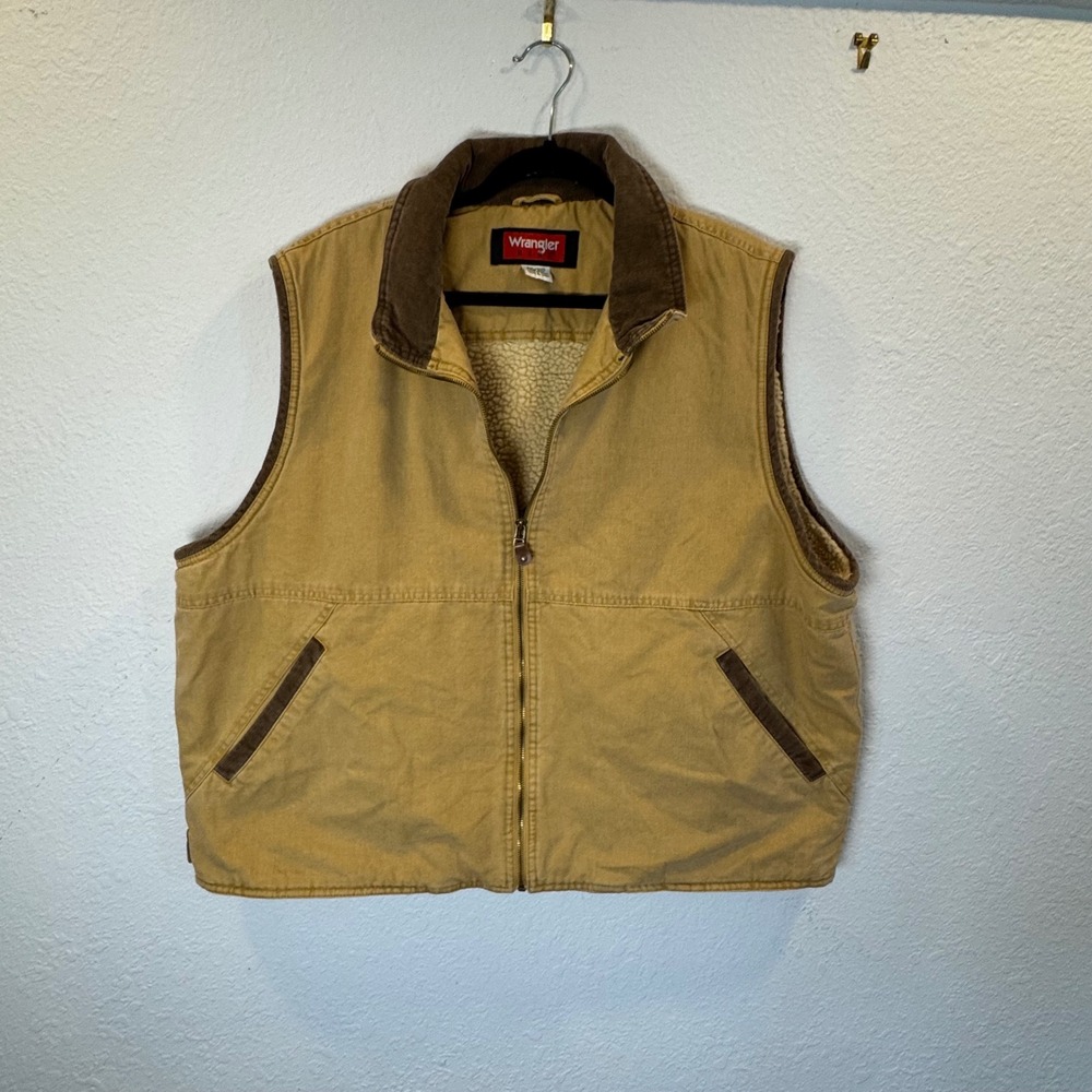 Wrangler Hero Mens 2XL Tan Canvas Sherpa Lined Workwear Vest Corduroy Trim Brown
